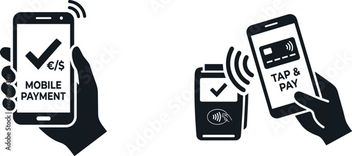 Professional QR Code Payment Icon Set Featuring Smartphones Scanning Codes for Secure Digital Transactions Mobile Wallets and Contactless Payment Silhouettes