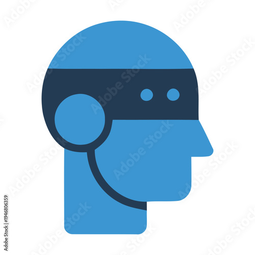 Blue and dark blue stylized head with headphones and two dots on forehead profile