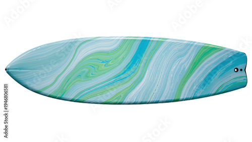 Canvas Print Isolated surfboard featuring a vibrant colorful wavy design in blue and green fo