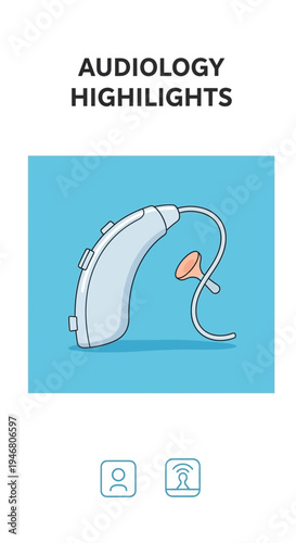 Modern Audiology Technology Depicted: Innovative Hearing Aid Illustration on a Blue Backdrop
