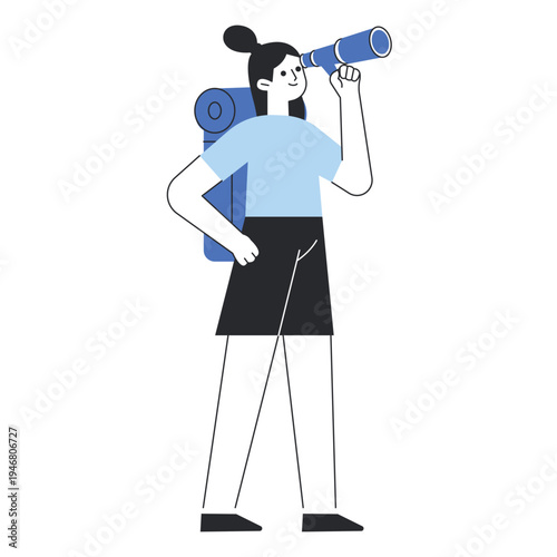 Female traveler with backpack looking through a telescope exploring new horizons vector illustration.