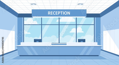 Modern Blue Reception Area Illustration With Window and Sky Clouds Design