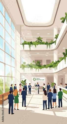 Modern Corporate Building Interior With Presentation Space And Large Gathering Of Individuals