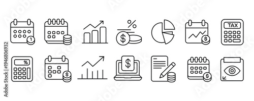 Collection of finance and business icons including calendars, Charts, And calculators for financial planning and analysis