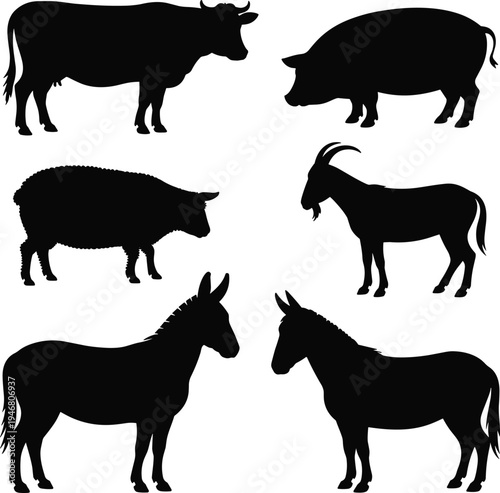Six black silhouettes of farm animals including cow pig sheep goat and donkeys