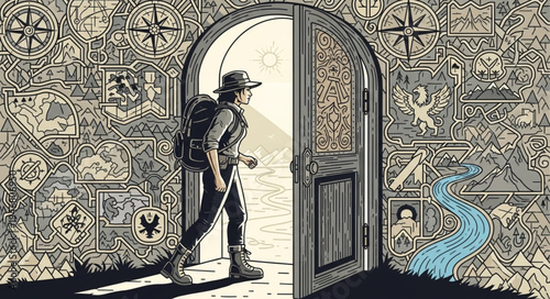Adventurer Stepping Through a Doorway to a New World.