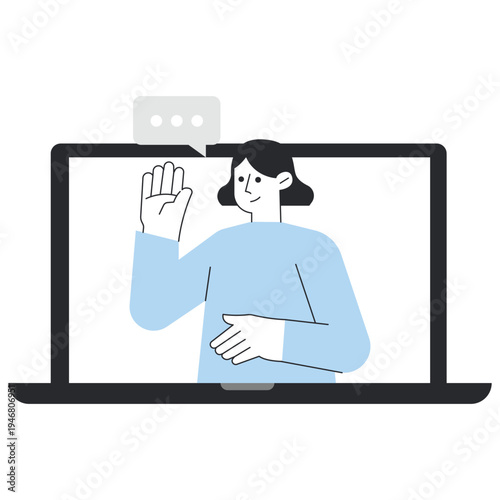 Woman waving hello during a virtual meeting on a laptop screen vector illustration.