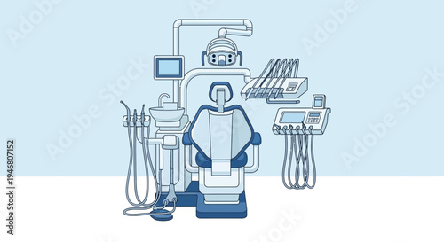 Modern Dental Clinic Illustration with Chair, Equipment and Instruments for Dental Treatment
