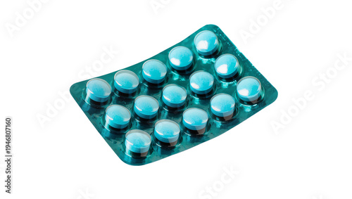 Isolated full blister pack of round blue pills for healthcare medicine or health supplement
