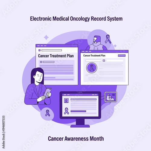 Modern Digital Healthcare System Illustrating Cancer Treatment Plans and Oncology Records Display