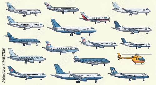 Collection of Various Airplane Designs and a Helicopter Illustration.