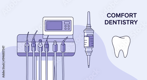 Modern Dental Illustration Showcasing Tools, Comfort, And Tooth Treatment In Detail