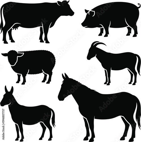 Six black silhouettes of farm animals standing on white background