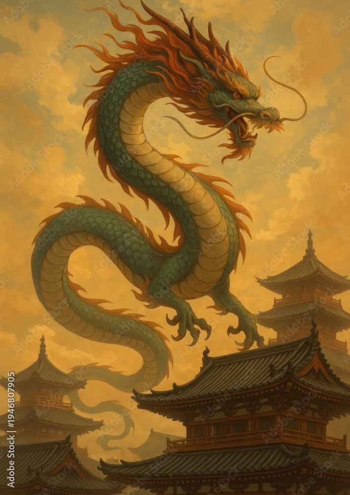 Fototapeta premium Majestic dragon over ancient temple.