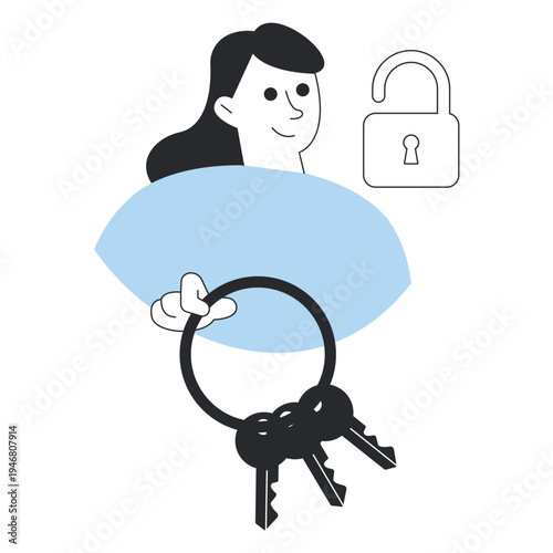 Woman holding a bunch of keys next to an open padlock concept of privacy security vector illustration.