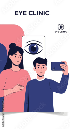 Modern Eye Clinic Advertisement Featuring Patients Taking a Selfie Near Eye Illustration