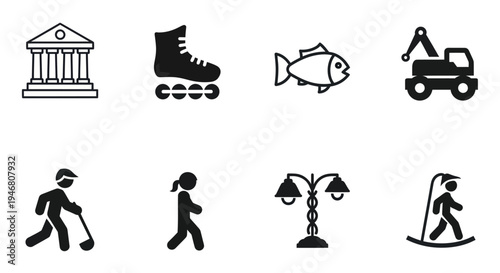 Black silhouettes of various recreational objects.