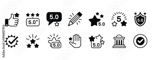 Black and white rating star icons with checkmarks and thumbs up for feedback and review concepts