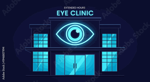 Modern Eye Clinic Building, Extended Hours, Ophthalmology Medical Illustration, Healthcare