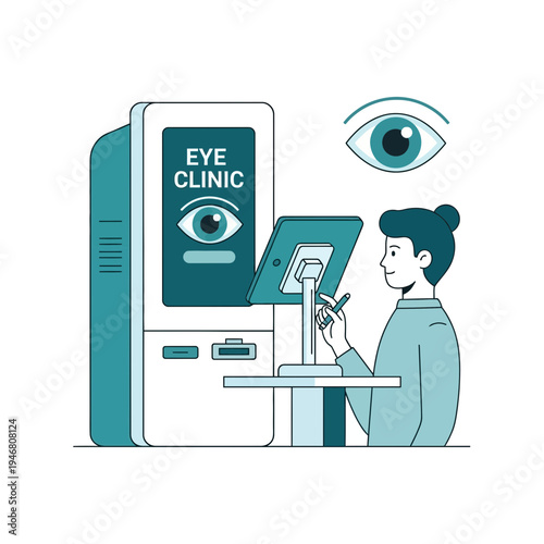 Modern Eye Clinic Illustration: Patient Interacting With Digital Kiosk For Vision Assessment