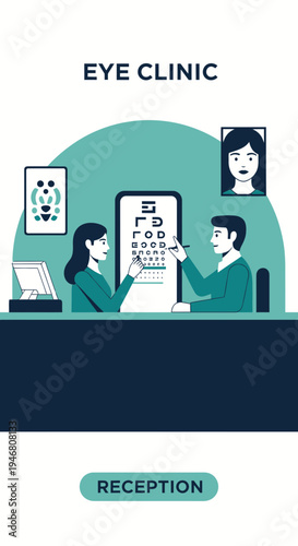 Modern Eye Clinic Illustration: Patient Vision Test and Examination Concept in a Clinical Setting