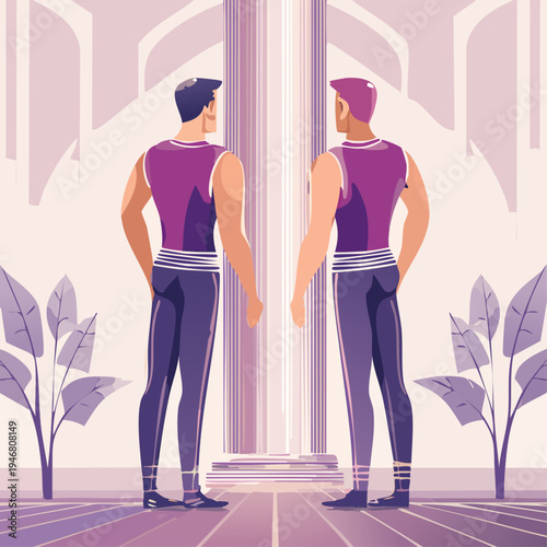 Two muscular men in purple sleeveless tops.