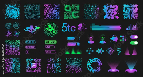 Futuristic HUD elements set with neon glowing effects for UI design.