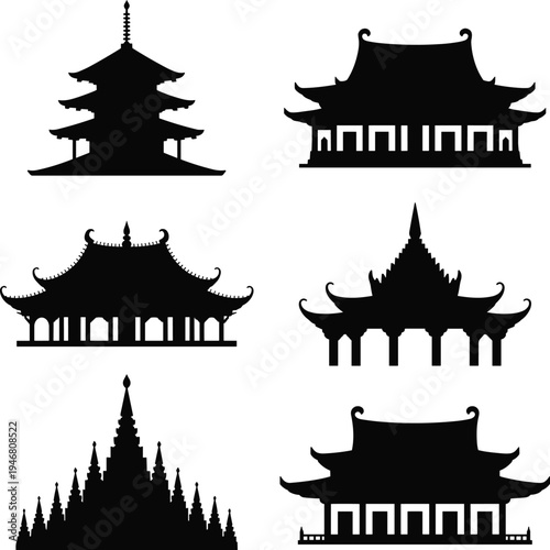 Six black silhouettes of traditional Asian pagodas and temples des