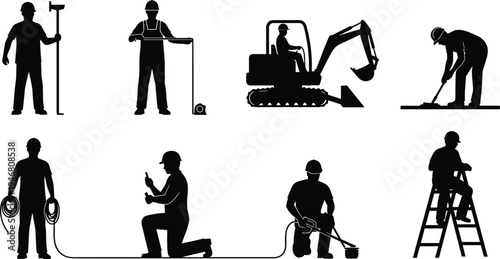 construction and maintenance worker silhouettes set, builder using tools, excavator operator, electrician and technician working poses, industrial labor workforce vector illustration isolated