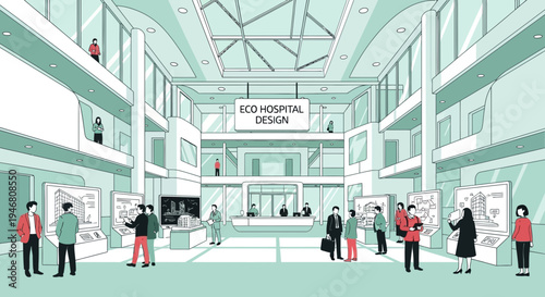 Modern Green Hospital Design Depicted With People Exploring the Building Structure