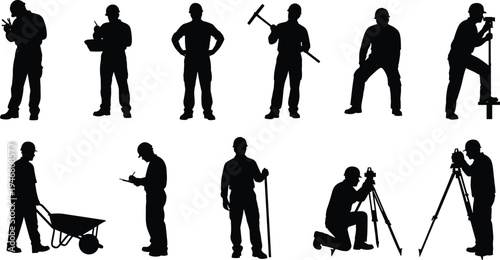 construction surveyor and worker silhouettes set, engineers measuring with tripod equipment and builders using tools poses, industrial workforce vector illustration isolated