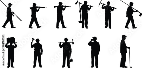 construction worker silhouettes carrying tools and equipment set, builders with hammer, shovel and pickaxe, industrial labor workforce poses vector illustration isolated