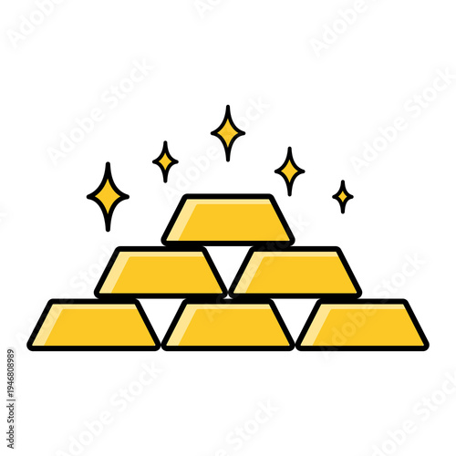 A cartoon depiction of stacked gold bars with black outlines and sparkling stars.