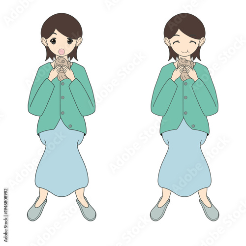 たい焼きを美味しそうに食べる女性のイラスト 和スイーツの食べ歩き