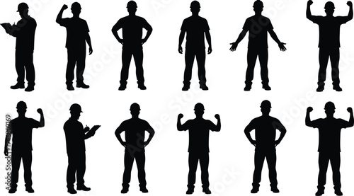 construction worker silhouettes collection, builders wearing helmets showing strength gestures and standing poses set, industrial labor workforce characters vector illustration isolated