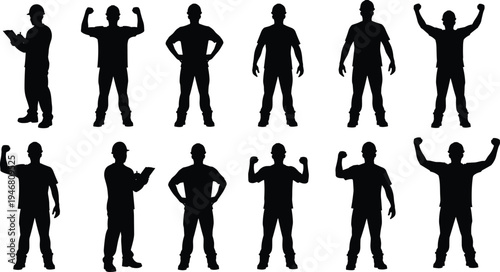 construction worker silhouettes set, builders wearing helmets showing strength poses and holding clipboard, industrial labor workforce characters collection, vector illustration isolated