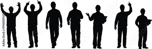construction worker silhouettes set, builders with helmet gesturing walking and holding clipboard poses, industrial labor workforce characters collection, professional vector illustration isolated
