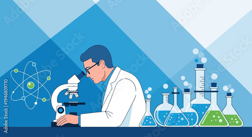 Scientist examining sample under microscope with atomic model and lab equipment