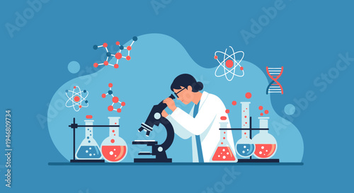 Scientist examining sample under microscope, surrounded by molecular structures and lab equipment.