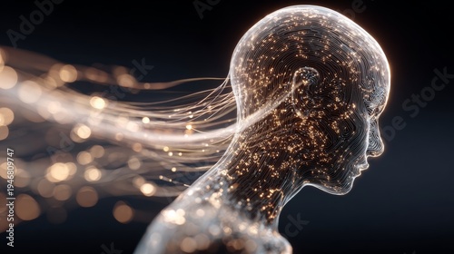 Illuminate the future: artificial intelligence meets human form. Social connections. Subtle blue glow of ai-infused human form in a dark setting. Signal beams. Online networking.