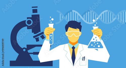 Scientist holding test tubes with microscope and DNA helix in background, science research concept
