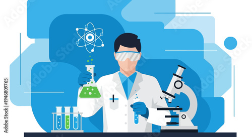 Scientist in Lab Coat Conducting Experiment with Microscope and Flasks