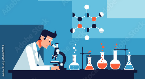 Scientist in Lab Coat Examining Microscope, Chemical Molecules, Beakers, Laboratory Research