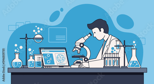 Scientist in Lab Coat Examining Sample Under Microscope, Laptop with Research Data