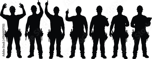 construction worker silhouettes with tool belts showing gestures and working poses set, builders pointing and raising hands, industrial labor workforce vector illustration isolated