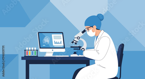 Scientist in lab coat using microscope and computer for research, medical laboratory setting