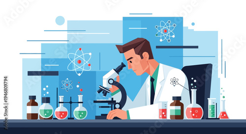 Scientist in lab coat looking through microscope, surrounded by scientific equipment and atomic symbols.
