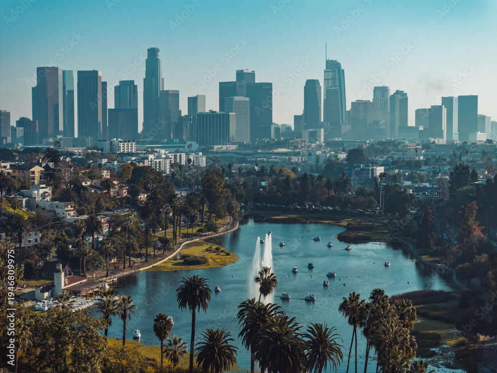Obraz premium Aerial shot of the Downtown Los Angeles with Echo Park in CA, USA.