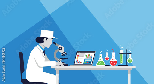 Scientist analyzing sample under microscope with data on laptop and test tubes