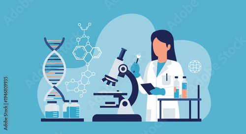 Scientist examining DNA and molecules with microscope in laboratory, science research concept